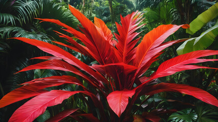 Fototapeta premium Lush, Colorful Tropical Leaves Against a Deep Background