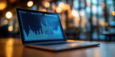 A sleek laptop displays dynamic graphs on a wooden table, showcasing modern analytics in a stylish workspace.