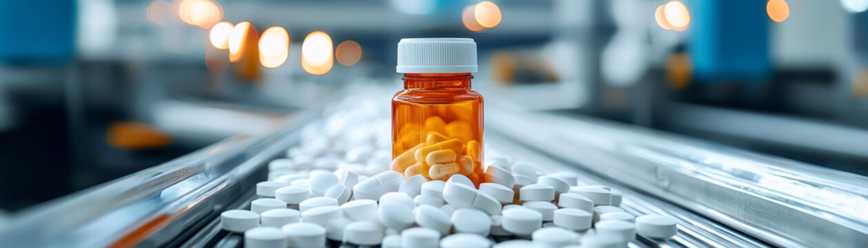 Focused view of a medicine bottle amidst a flurry of pills on a moving conveyor, showcasing modern pharmaceutical logistics