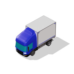 3D Isometric Cargo Truck Photoreal Vector Illustration Modern Blue Cabine and White Van City Delivery Vehicle 4x2 Design for Logistics and Transport Presentation Social Media Video Promo Front Left