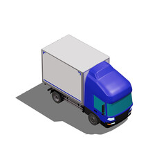 3D Isometric Cargo Truck Photoreal Vector Illustration Modern Blue Cabine and White Van City Delivery Vehicle 4x2 Design for Logistics and Transport Presentation Social Media Video Promo Front Right