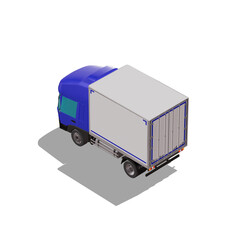 3D Isometric Cargo Truck Photoreal Vector Illustration Modern Blue Cabine and White Van City Delivery Vehicle 4x2 Design for Logistics and Transport Presentation Social Media Video Promo Back Left