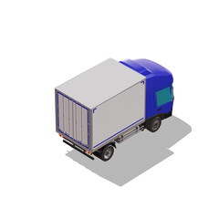 3D Isometric Cargo Truck Photoreal Vector Illustration Modern Blue Cabine and White Van City Delivery Vehicle 4x2 Design for Logistics and Transport Presentation Social Media Video Promo Back Right