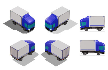 3D Isometric Cargo Truck Photoreal Vector Illustration Modern Blue Cabine and White Van City Delivery Vehicle 4x2 Design for Logistics and Transport Presentation Social Media Video Promo Collection