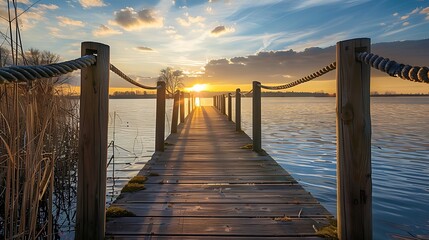Fototapeta premium Lake at sunset wooden posts with ropes