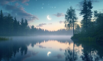 Fototapeta premium Tranquil Twilight Lake Scene with Crescent Moon