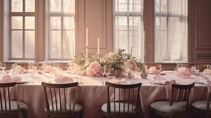 Fototapeta premium The dining table is covered with a light pink silk tablecloth.