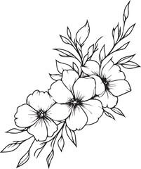 Floral flower outline vector art on a white background, Black outline drawing of floral flowers. 