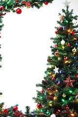 Christmas tree with red and white ornaments and lights creating a frame