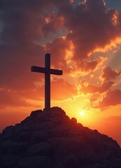 Silhouette of a cross on top of a mountain at sunset.