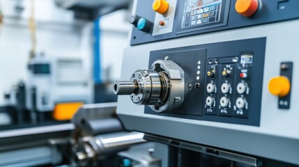 CNC machinery close-up, with precision cutting heads, control panels, and tool bits, ready for high-accuracy manufacturing tasks.
