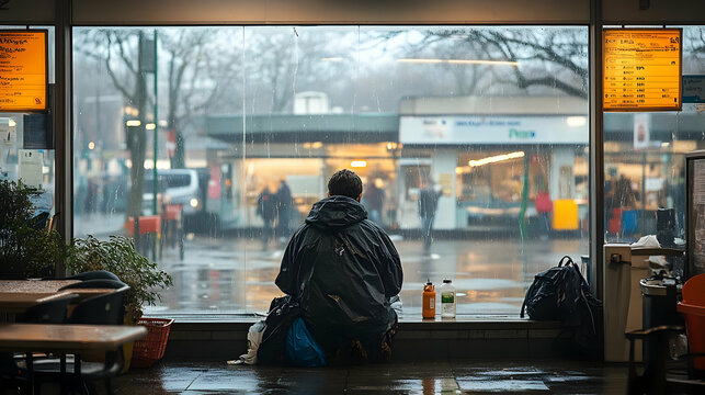 Rainy Day Reflections: A Solitary Figure Watches the World Go By