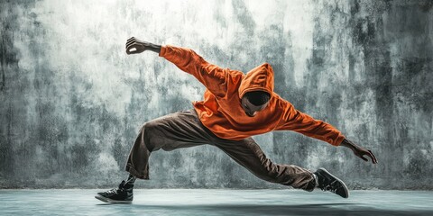 Dynamic dancer in orange hoodie showcasing modern street dance against an industrial backdrop....