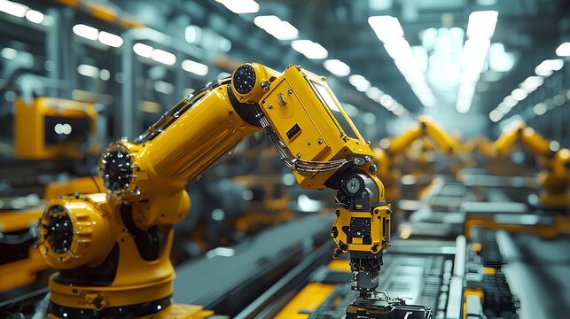 Close-up of a yellow robotic arm in a modern automated factory setting.