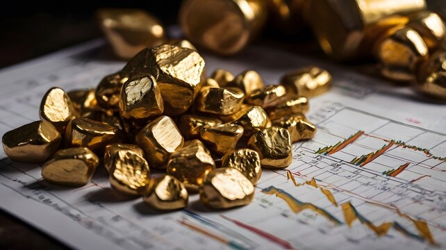 Oro extra&iacute;do de la mina en una mesa con datos anal&iacute;ticos