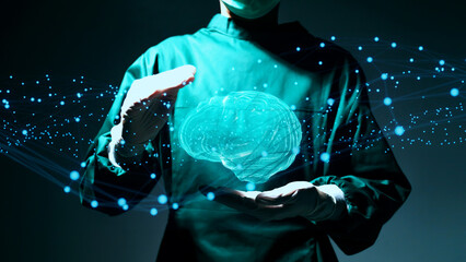 Doctor brain neurologist specialist surgeon using computer anatomy display screen technology artificial intelligence assistance AI, operation simulation augmented reality medical healthcare tech