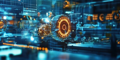 Obraz premium Futuristic technology with glowing gears and digital interfaces, showcasing advanced engineering and innovation.