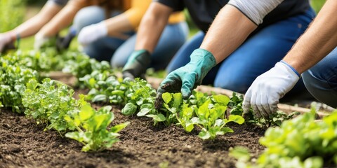 Gardeners planting fresh herbs and vegetables in fertile soil during a sunny day, showcasing healthy growth and teamwork.