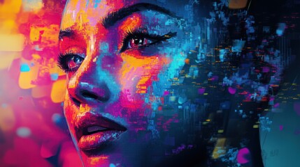 Fototapeta premium Digital art visual, with pixelated forms, vivid gradients, and creative digital effects, demonstrating the blend of technology and artistry.