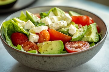 Fresh salad with vibrant green leaves, sweet cherry tomatoes, and creamy feta cheese. A healthy and colorful dish for a balanced lifestyle. Generative AI