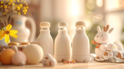 Milk bottles and childrens toys are placed on the table background for the ad and in the props and baby scene