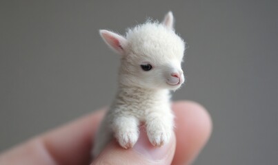 Adorable Tiny White Baby Alpaca Cuddled in Fingers