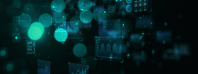Internet cyberspace internet data collection analytical computer ai artificial intelligence calculation, blue background banner copyspace.