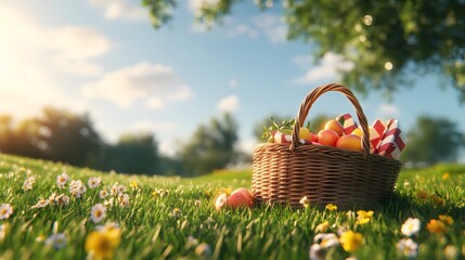 69. A colorful picnic basket on a grassy field