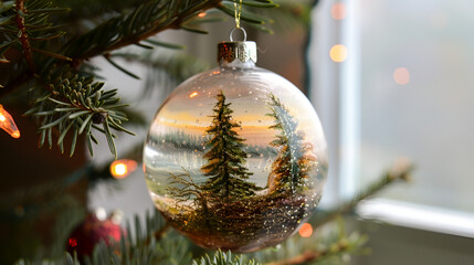 Christmas tree in glass ball on snow background with bokeh lights ,Hanging small Christmas tree in glass jar on pine and ornaments over abstract bokeh