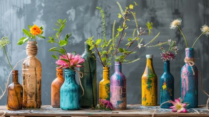Floral Arrangement in Colorful Bottles