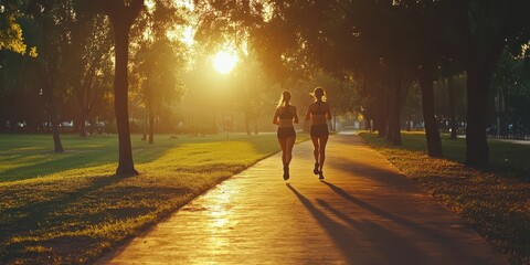Two women jog along a sunlit path in a serene park, surrounded by lush trees and golden sunlight, promoting fitness and wellness.