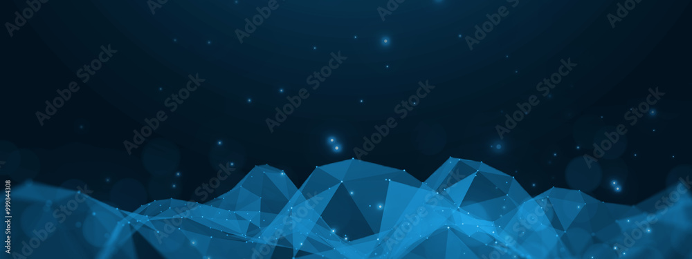 Fototapete Digital abstract waveform technology blue flat background banner, graphics vector polygon plexus line and dots shape connecting link structure, futuristic tech data computer concept.