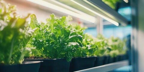 Vibrant lettuce growing under LED lights in a modern indoor garden setup. Fresh and healthy produce ready for harvest.