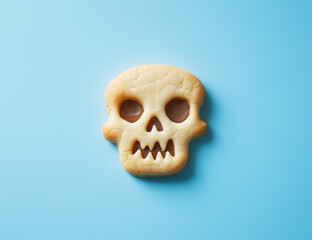 Obraz premium A cookie in the shape and face of an evil skull, against a pastel blue background.Minimal creative Halloween food holiday concept.Copy space,flat lay.