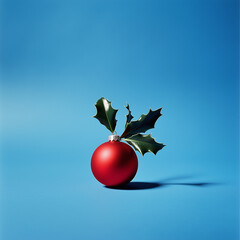 Apple made of red Christmas bauble and leaves on blue background. Christmas food concept.
