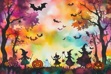 Halloween Spooky Nighttime Scene Horizontal background with bats, full moon, witch castle, evil trees, graves, ghosts. Happy Halloween vector scary design. Halloween banner, party invitation