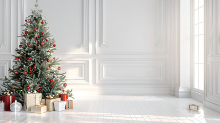 christmas tree with gift boxes in white room ,a small christmas tree and christmas gifts are seen in the background