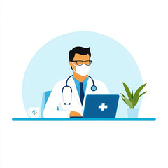 Fototapeta premium Doctor providing virtual care through video conferencing, home healthcare, flat design illustration
