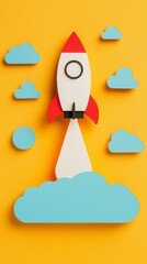 Red and White Paper Rocket Taking Off From Blue Clouds on Yellow Background