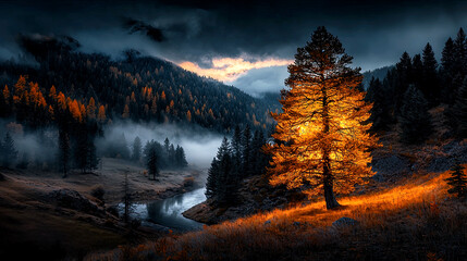 Glowing orange lone tree on a hill over a river running through mountains near sunset sunrise, dramatic moody fog mist covered wilderness landscape