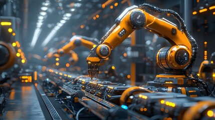 Fototapeta premium Industrial robotic arms in a high-tech manufacturing facility.