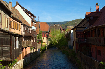 Small river flows along the medieval houses in Riquewihr village.Typical architecture of Alsace region. Riquewihr village is a commune in the Haut-Rhin department in Grand Est in north-eastern France