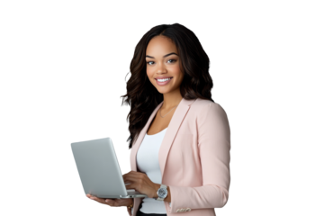 Smiling businesswoman holding laptop isolated on transparent background