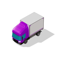 3D Isometric Cargo Truck Photoreal Vector Illustration Modern Violet Cabine and White Van City Delivery Vehicle 4x2 Design for Logistics and Transport Presentation Social Media Video Promo Front Left