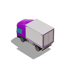 3D Isometric Cargo Truck Photoreal Vector Illustration Modern Violet Cabine and White Van City Delivery Vehicle 4x2 Design for Logistics and Transport Presentation Social Media Video Promo Back Left