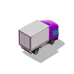 3D Isometric Cargo Truck Photoreal Vector Illustration Modern Violet Cabine and White Van City Delivery Vehicle 4x2 Design for Logistics and Transport Presentation Social Media Video Promo Back Right