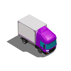 3D Isometric Cargo Truck Photoreal Vector Illustration Modern Violet Cabine and White Van City Delivery Vehicle 4x2 Design for Logistics and Transport Presentation Social Media Video Promo Front Right