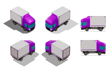 3D Isometric Cargo Truck Photoreal Vector Illustration Modern Violet Cabine and White Van City Delivery Vehicle 4x2 Design for Logistics and Transport Presentation Social Media Video Promo Collection