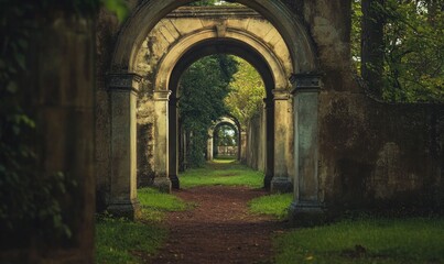 Obraz premium Ancient Stone Archway Path Through Lush Green Forest
