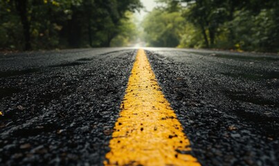 Fototapeta premium Wet Road with Yellow Line Through Forest